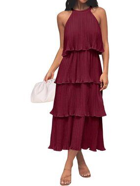 Women's Wine Summer Halter Ruffle Sleeveless Formal Wedding Guest Midi Dresses